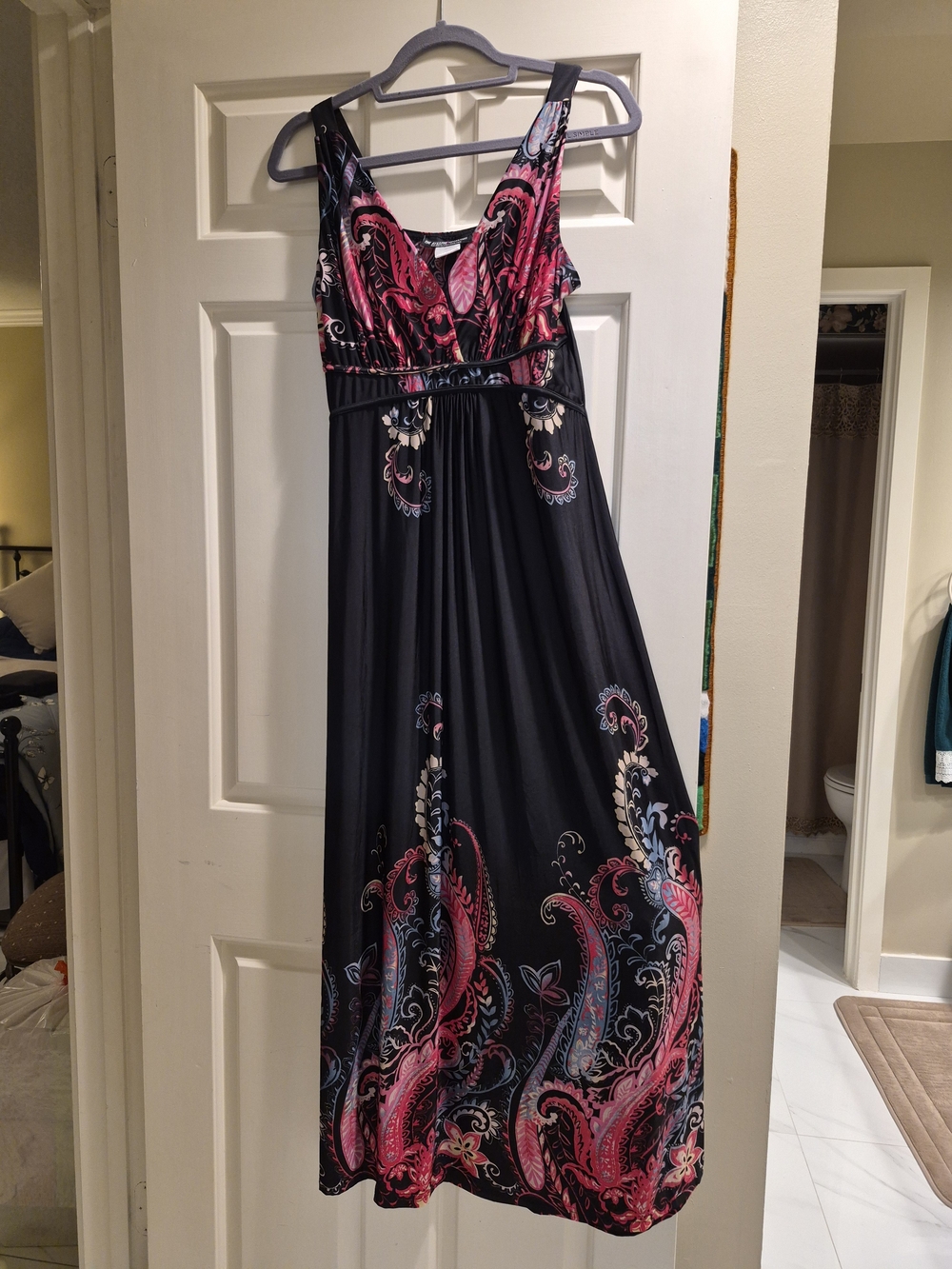 The Pyramid Collection Black Maxi Dress with Pink Paisley Accents